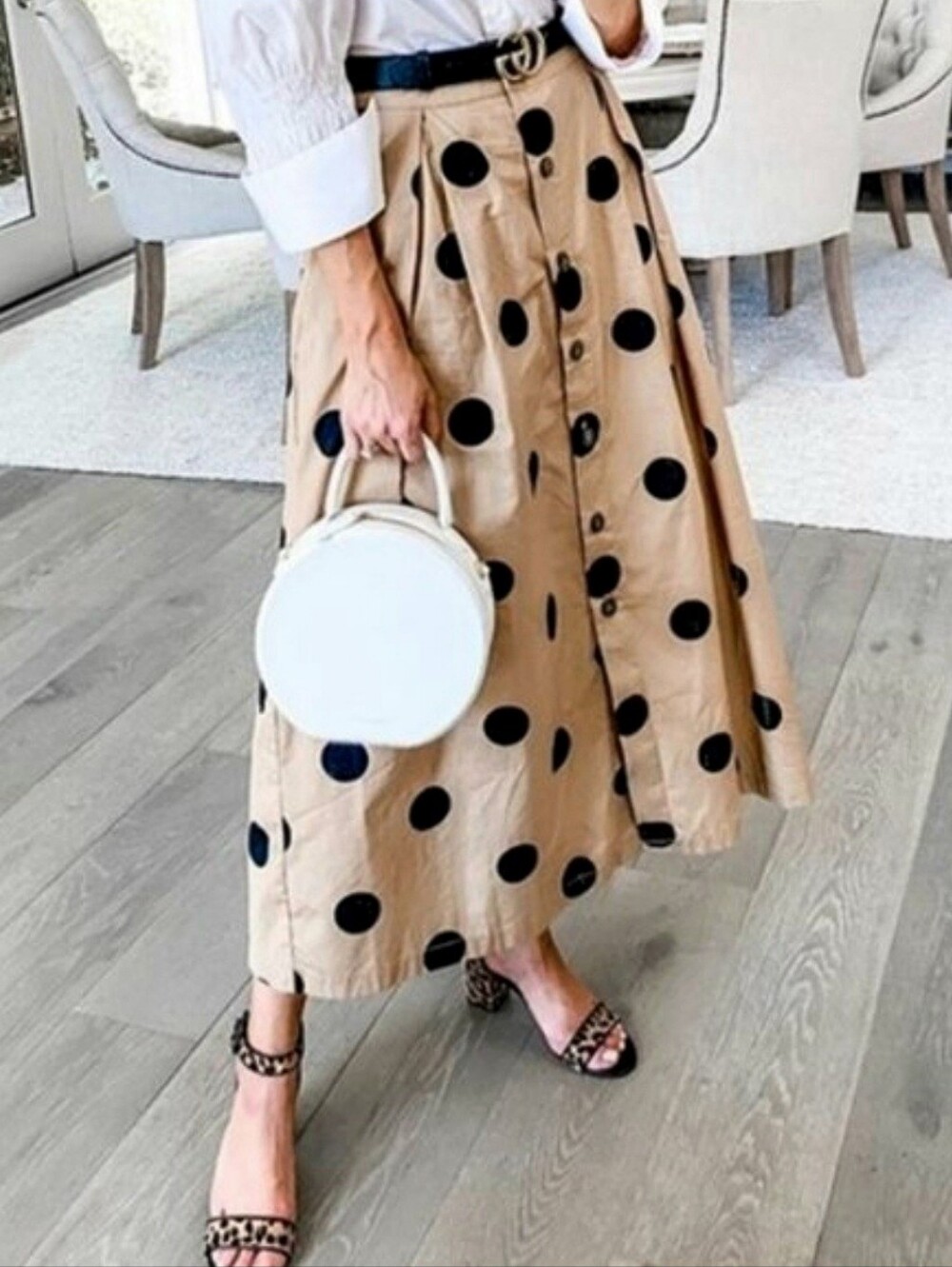 Who What Wear Beige Maxi Skirt with Black Polka Dots - Picture 5 of 5